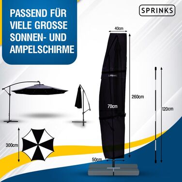 Чохол для парасольки SPRINKS® до 300 см, чорний - захист від сонця, дощу та УФ-променів. Зі сталевим стрижнем для зручного одягання. Розмір: 260 x 40/70/50 см