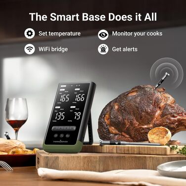 Розумний бездротовий термометр для м'яса ThermoMaven з базою, Bluetooth та Wi-Fi, 4 щупи, 6 сенсорів, NIST-сертифікований, для смокера, духовки та BBQ, колір: avocadogrün