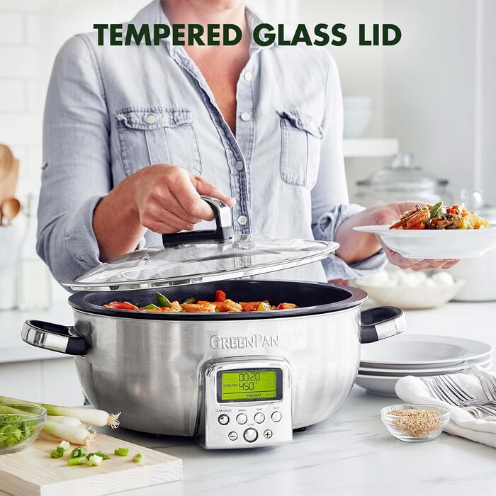 Електричний мультиварка GreenPan Elite 5,6 л, антипригарне керамічне покриття без PFAS, для смаження, тушкування, варіння рису, посудомийна машина, LED-дисплей, сріблястий нержавіючий корпус