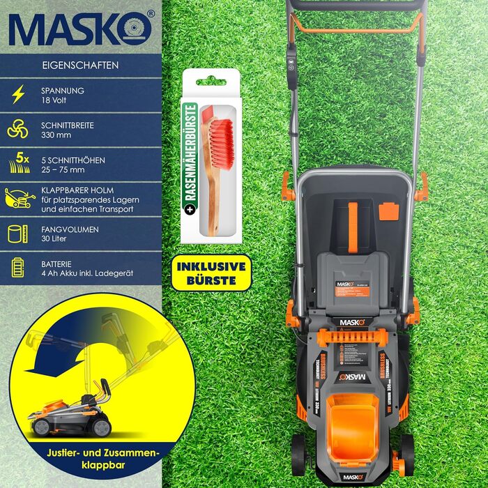 Акумуляторний газонокосарка MASKO з функцією мульчування, 2 акумулятори Li-Ion 4Ah, подвійний зарядний пристрій, триммер, ширина косіння 37 см, 6 положень висоти, кошик 40 л, площа до 600 м², в комплекті рукавички та щітка (ширина косіння 33 см, чорний/по