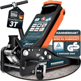 Гідравлічний домкрат HAMMERHART 3T з низьким профілем, 75-505мм, колеса 360°, подвійний поршень, гумова накладка, Т-ручка - Преміум якість