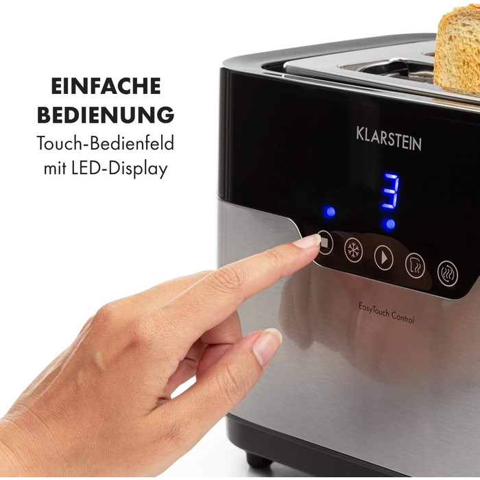 Тостер Klarstein Arabica: 920W, сенсорне керування, LED-дисплей, функції розморожування, підігріву та зупинки, піддон для хліба, крихтозбірник, котушка для кабелю, нержавіюча сталь