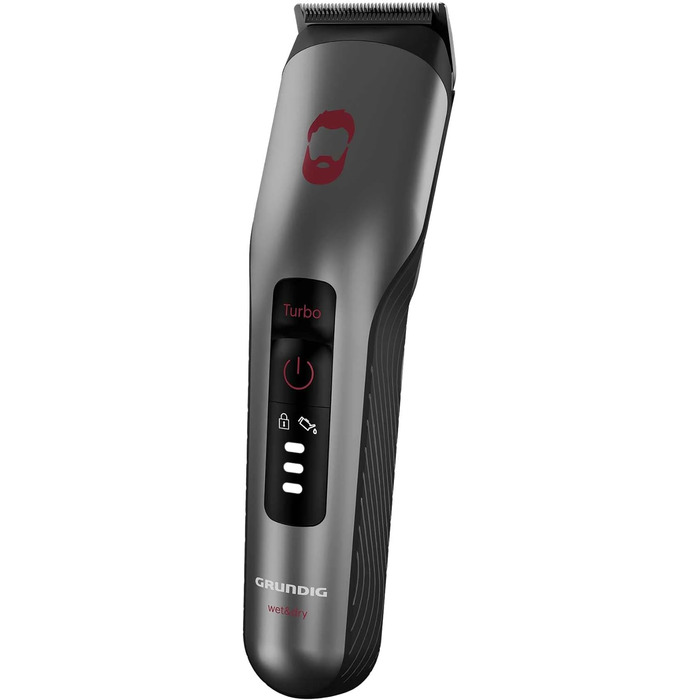 Машинка для стрижки волосся та бороди GRUNDIG ProClub MC 8030 з сенсором BeardCare, титановими лезами, 2 насадками, довгий час роботи, для вологого та сухого використання, темно-матовий хром/червоний