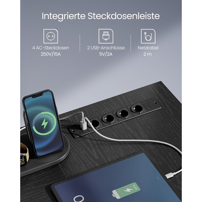 Комп'ютерний стіл VASAGLE L-подібний з розетками, LED-підсвічуванням та USB-портами, 150 x 120 x 76 см, чорний, LWD095B01