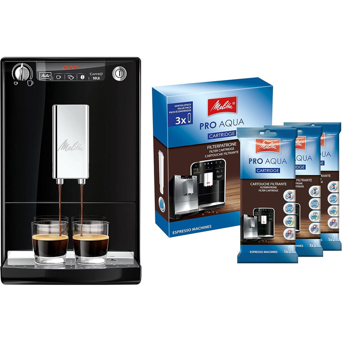 Кавоварка автоматична Melitta Caffeo Solo E950-101, 15 бар, з функцією попереднього заварювання, чорна + 3 фільтри Pro Aqua для захисту від накипу