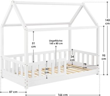 Дитяче ліжко Juskys Marli 80x160 см з бортиком, ламельною основою та дахом, будиночок з масиву дерева, біле