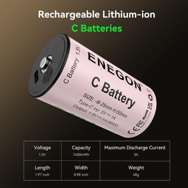 Акумулятори ENEGON Li-Ion C (LR14) 1.5V 7400mWh з USB-C портом для зарядки, фіолетові, 4 шт. в комплекті