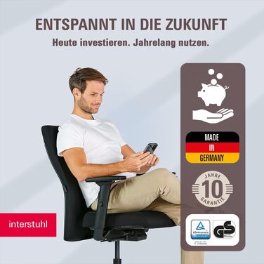 Ергономічне офісне крісло Interstuhl Edge Soft: синхромеханізм, 4D-підлокітники, підтримка попереку, чорне, Made in Germany