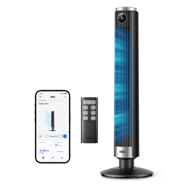 DREO Smart Tower Fan 102-114 см - Вежний вентилятор з пультом, 9 режимів, 4 режими, 90° осциляція, 12 год таймер, DC мотор, надтихий (20 дБ), для дому та офісу, чорний