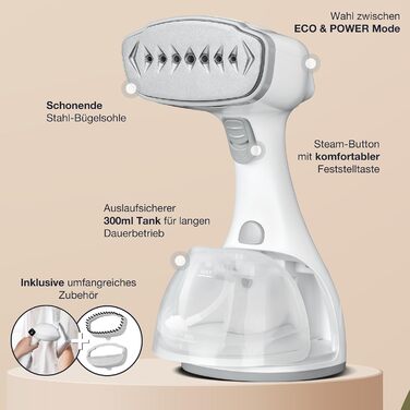 LEBENLANG Пароочищувач для одягу - 1500W, 300ml, з рукавичкою та насадками | Професійний пароочищувач для одягу | Білий