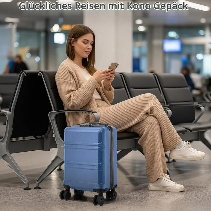 Ручна поклажа KONO: Легка валіза-тролей на 4 колесах з TSA замком, ABS+PC, 36л (52x38x21см), темно-синя