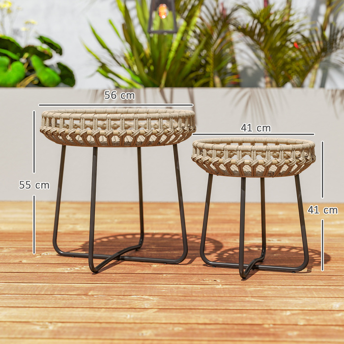 Outsunny Набір з 2 бічних столів Poly Rattan Ø60/41 см Круглий стійкий до погодних умов садовий стіл з регульованими подушечками для ніг X-Legs Відкритий балконний столик Журнальний столик Садові меблі для саду, балкон коричневий