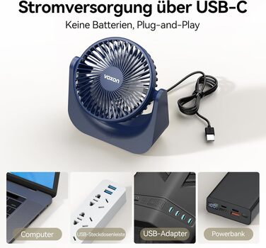 VOXON USB настільний вентилятор міні з 5 швидкостями, тихий USB вентилятор з кабелем 1.5м для офісу, дому, спальні (блакитний)