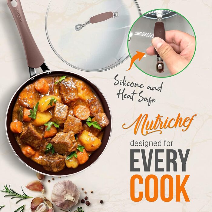 Набір каструль і сковорідок Nutrichef 14 предметів для індукції, антипригарне покриття, алюміній з нержавіючою сталлю, термостійкі ручки, без PFOA/PFOS, коричневий