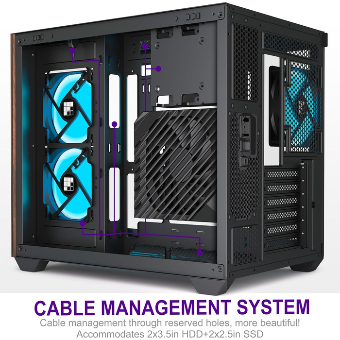 Ігровий корпус для ПК FOIFKIN M3, ATX Mid-Tower, чорний, з дерев'яною передньою панеллю з горіха, 3 встановлені ARGB PWM вентилятори, панорамне скло 270°, USB Type-C