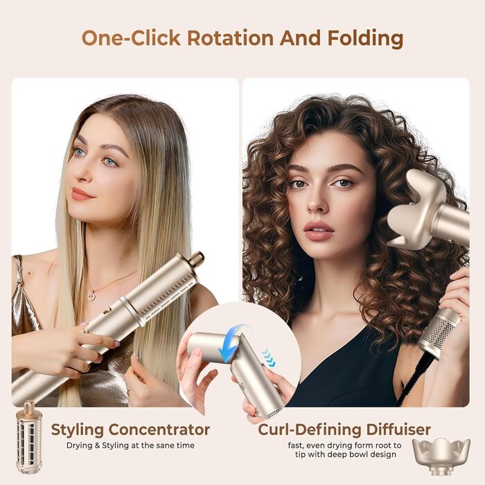 UKLISS Hairstyler Airstyler 8-в-1: Фен-щітка, випрямляч, плойка, насадки для об'єму та іонізація - Швидке сушіння для всіх типів волосся, колір шампань