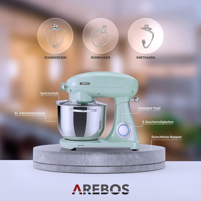 Кухонна машина Arebos Retro 1800W з чашею 6L з нержавіючої сталі | Кухонний міксер з 6 насадками (для тіста, збивання, збивання) та захистом від бризок