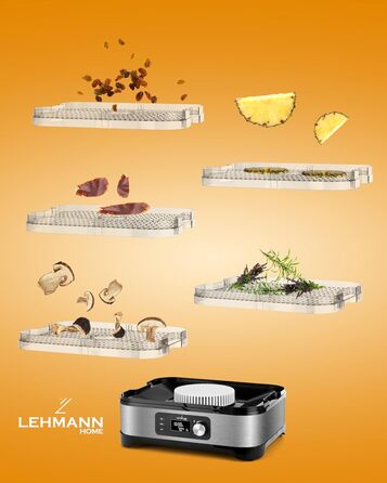 Електричний дегідратор Lehmann для сушіння продуктів з нержавіючої сталі, 450W, 5 рівнів, регулювання температури 35-70°C, для фруктів, грибів, м'яса, трав, без BPA