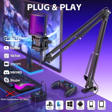 USB мікрофон Zealsound з підставкою та RGB підсвічуванням для iPhone, ПК, Mac, смартфонів і PS5, з функцією вимкнення звуку, штативом, бум-стійкою (2 тримачі та 2 адаптери), для ігор, подкастів, стрімінгу Twitch, YouTube, TikTok на Windows та Android