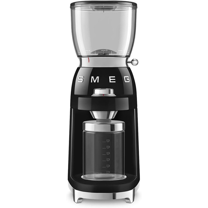 Кавомолка SMEG CGF11BLEU, конічне нержавіючо-сталеве жорно, 30 режимів помолу, контейнер 350 г, алюмінієвий корпус, 150 Вт, чорна