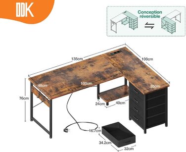 Кутовий письмовий стіл ODK L-подібний, реверсивний комп'ютерний стіл з USB-зарядкою та розеткою, 4 шухляди, полиця для монітора, для домашнього офісу, 135×100 см, вінтажний коричневий