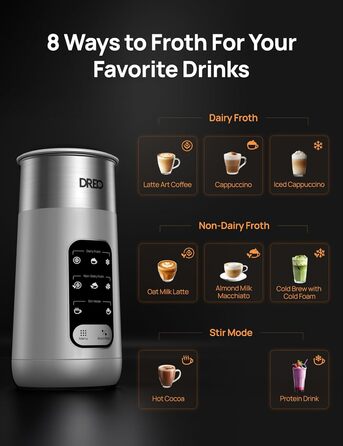Електричний спінювач молока Dreo 8-в-1 для лате-арт, 270 мл, з підігрівом, LED, сріблястий