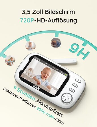 Відеоняня GHB з камерою та 3,5-дюймовим LCD-дисплеєм, електронний радіомонітор для дітей