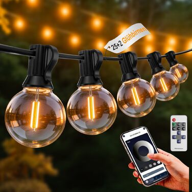 LED гірлянда вулична G40, 23.5м, з пультом та керуванням через додаток, теплий білий, водонепроникна, для саду/балкону