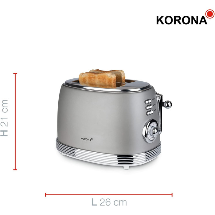 Тостер Korona 21667, 2 скибки, ретро дизайн, сірий, 6 режимів підсмажування, функції розморожування, підігріву та підсмажування, 850 Вт, підставка для булочок, піддон для крихт, центрування хліба