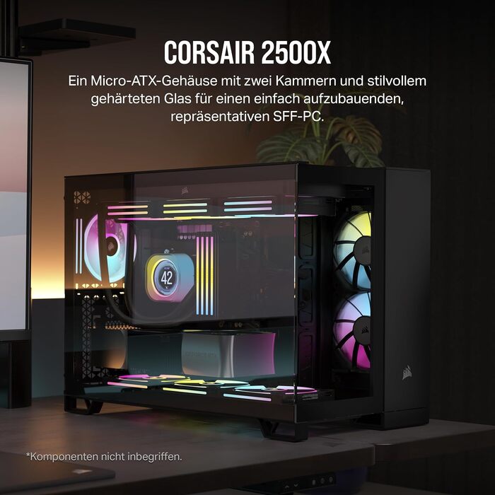 CORSAIR 2500X корпус для ПК mATX, подвійна камера, загартоване панорамне скло, сумісний з реверсивним підключенням материнської плати, без вентиляторів, чорний