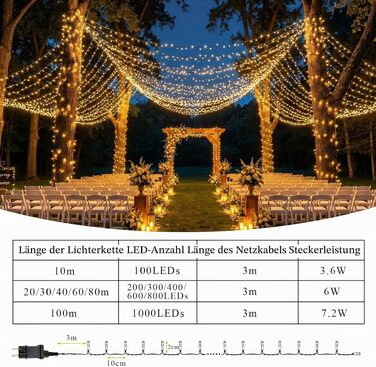 Світлодіодна гірлянда вулична та внутрішня 80м 800LED, теплий білий колір, 8 режимів роботи, таймер, водонепроникна IP44 для саду, балкона та кемпінгу