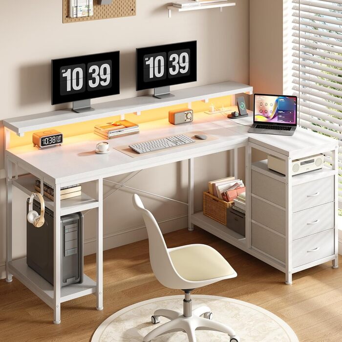 Ігровий стіл L-подібний з LED підсвіткою, 3 шухляди, USB-порт, розетка, тримач для монітора, 140x80 см, білий
