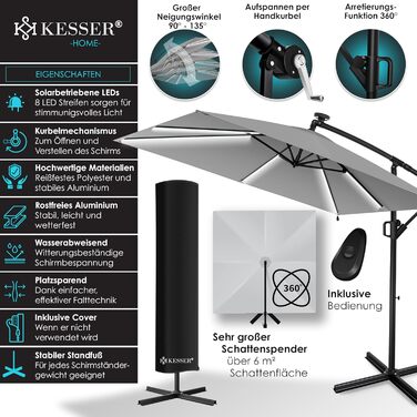Сонячна прямокутна парасоля KESSER Holly з LED-підсвічуванням, алюмінієвий каркас, водовідштовхувальна, UV-захист, 350 см, з чохлом і фіксатором, світло-сіра для саду