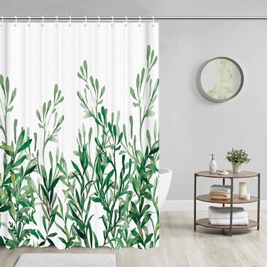 Текстильна штора для душу 180x200 см, зелено-біла, з листям, антицвіль, поліестер, для ванної кімнати, джунглі