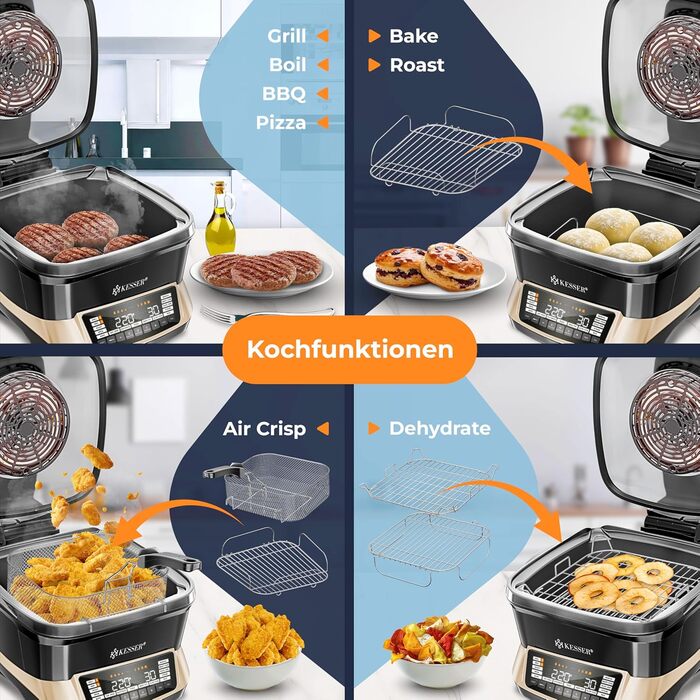 Мультиварка KESSER® 8 л з фритюрницею, 16 програм, для приготування на грилі, випікання, тушкування, варіння на пару, функція підігріву та приготування рису, повільне приготування, йогурт (Champagne)