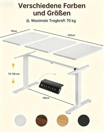 Електричний підйомний стіл JUMMICO з USB-портом, ергономічний письмовий стіл для роботи сидячи та стоячи (білий, 160 x 70 см)