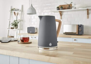 Електрочайник Swan Nordic Ultra 1,7 л 2200 Вт, бездротовий, автоматичне вимкнення, дерев'яна ручка, сірий, сучасний дизайн
