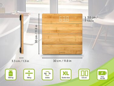 Ваги Soehnle Style Sense Bamboo Magic з натурального бамбука, електронна підлогова вага з LED-дисплеєм, до 180 кг, комфортне покриття