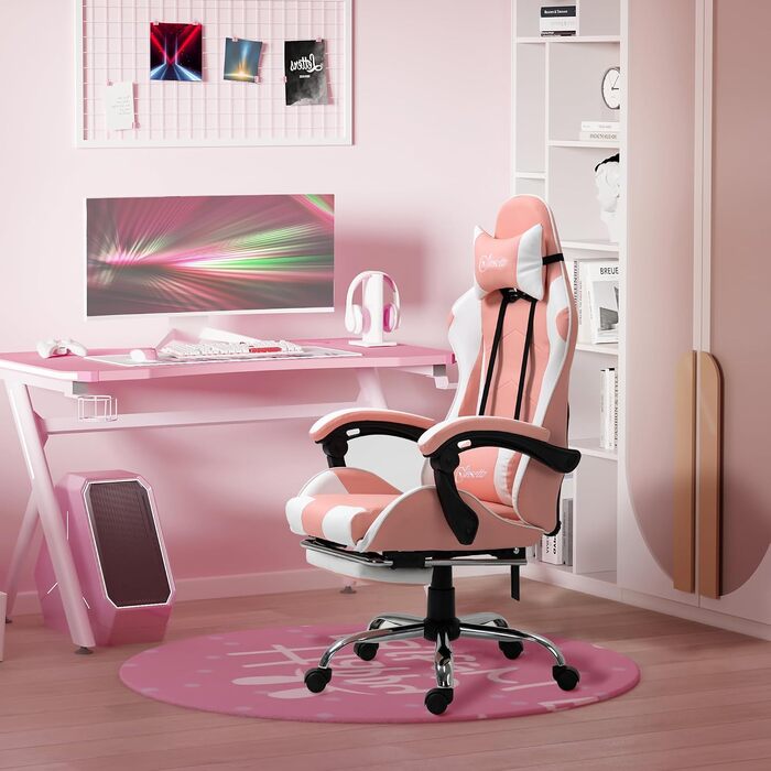 Ігрове крісло Vinsetto Ergonomic Gaming — ергономічний офісний стілець з підголівником, рожевий