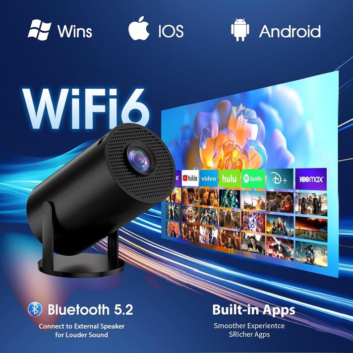 Смарт-проектор Mini Beamer 4K Full HD 1080P з WiFi 6 та Bluetooth 5.2, автокоррекция трапеції, поворот на 180°, підтримка HDMI/TV Stick/Laptop, чорний