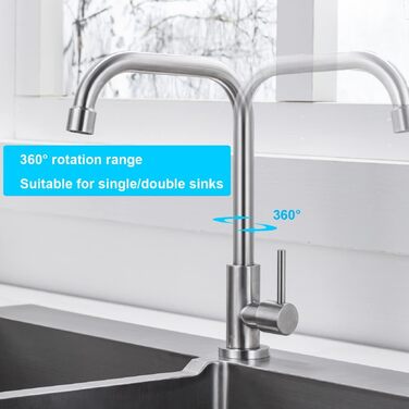 Змішувач для кухні ONECE на холодне водопостачання з поворотом 360°, нержавіюча сталь, з гнучким підключенням та аератором, матовий