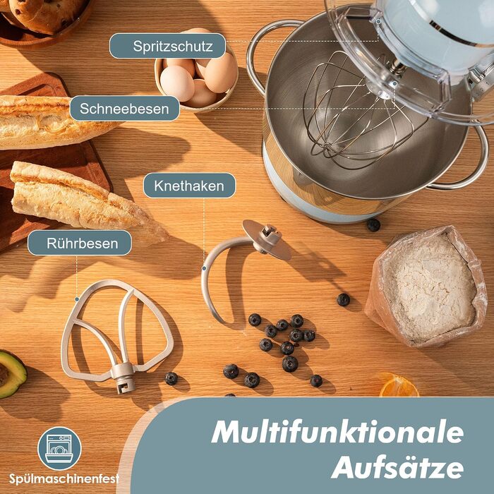 Кухонна машина Kitchen in the box Fab-Serie, потужний планетарний міксер 2000 Вт, чаша 8 л, 10 швидкостей, з вінчиком, гаком та мішалкою, синій