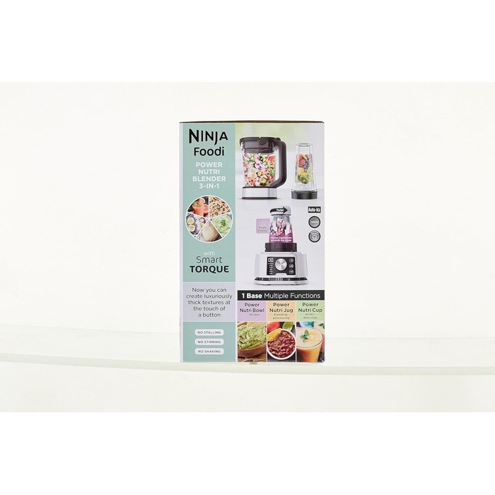 Блендер Ninja Foodi Power Nutri Mixer 3-в-1, 1200 Вт, автоматичні програми, для смузі, густих намазок і заморожених напоїв, 2,1 л глечик, 700 мл стакан і 400 мл чаша з Power-мішалкою, сріблястий, CB350EU
