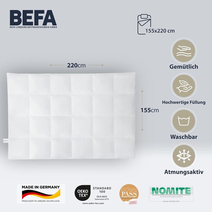 Зимова пухова ковдра BEFA NATUR 155x220 см, 60% пух, 40% перо, гіпоалергенна, сертифікат OEKO-TEX 100, Made in Germany