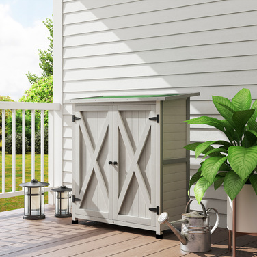 Outsunny Garden Шафа, Дерев'яний сарай для інструментів, Атмосферостійка шафа для інструментів з 2 дверима, Інструментальний будиночок з асфальтовим дахом, Інструментальна шафа для саду, Тераса, 110 x 55 x 117 см, Світло-сірий