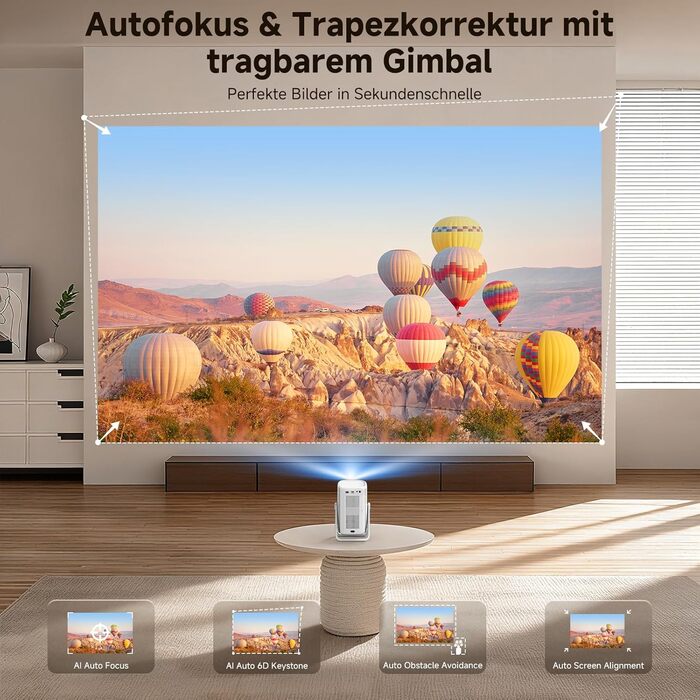Смарт-проектор iSinbox 4K з Netflix, 1200 ANSI люмен, Dolby Audio, автофокусом та корекцією трапеції, WiFi 6, Bluetooth 5.4, HDR10+, білий