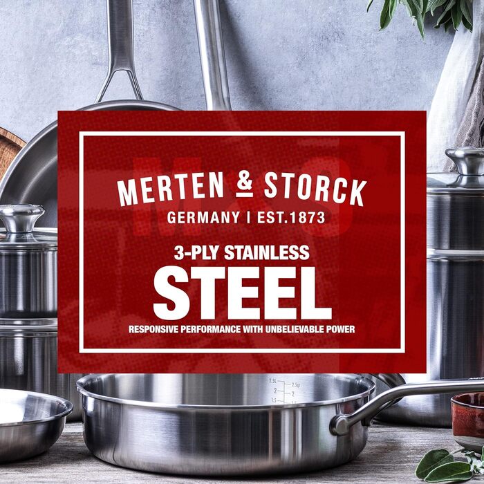 Набір посуду Merten & Storck Tri-Ply 8-Piece Cookware Set, нержавіюча сталь, індукційне дно, склокришки, придатний для духовки та посудомийної машини, сріблястий