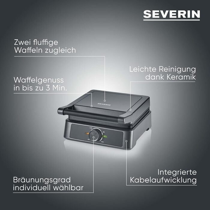 Вафельниця SEVERIN WA 2117 Black Line для бельгійських вафель у формі серця, антипригарне PFAS-free покриття, 1000 Вт, чорний/нержавіюча сталь