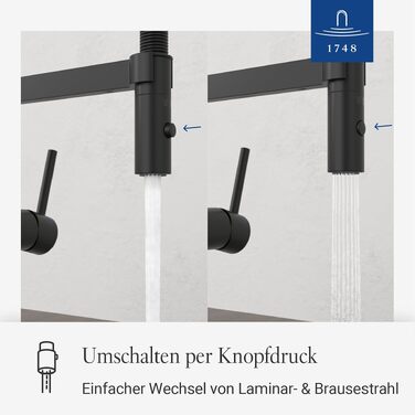 Змішувач кухонний Villeroy & Boch Steel Expert Compact, чорний матовий, з висувним гусаком та перемикачем, висота 143мм