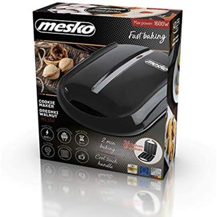 Вафельниця Mesko MS3041 для горішків, 24 половинки, 1600 Вт, антипригарне покриття, XL, чорна